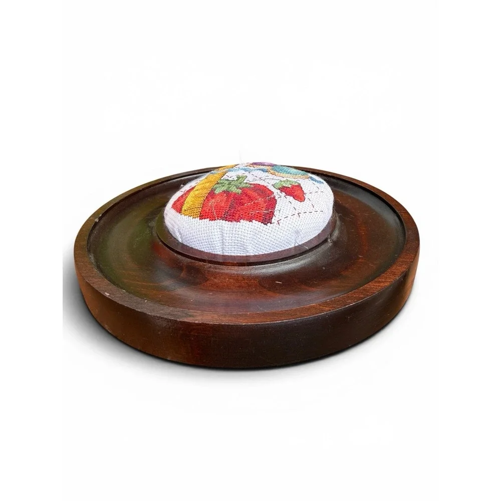 Vintage SUDBERRY House Mahogany Cross Stitched Pincushion Tray